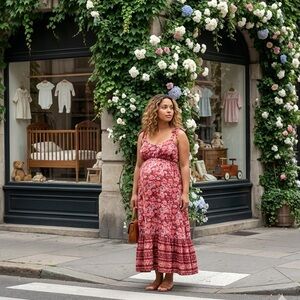 Boho Floral Tie-Shoulder Maxi Dress | Burgundy & Rose Tiered Ruffle Hem
